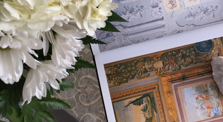 Historical book with hydrangeas